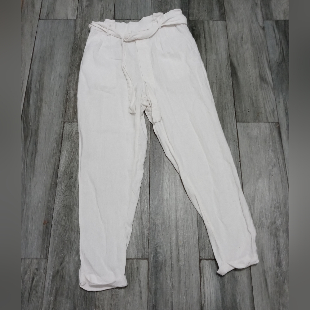 Love Tree White Linen Stretch Ruffle Tie belt waist Semi Sheer Pants w Pockets M
